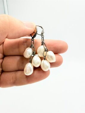 Freshwater Pearl Cluster Drop Earrings Ivory Dangle Leverback